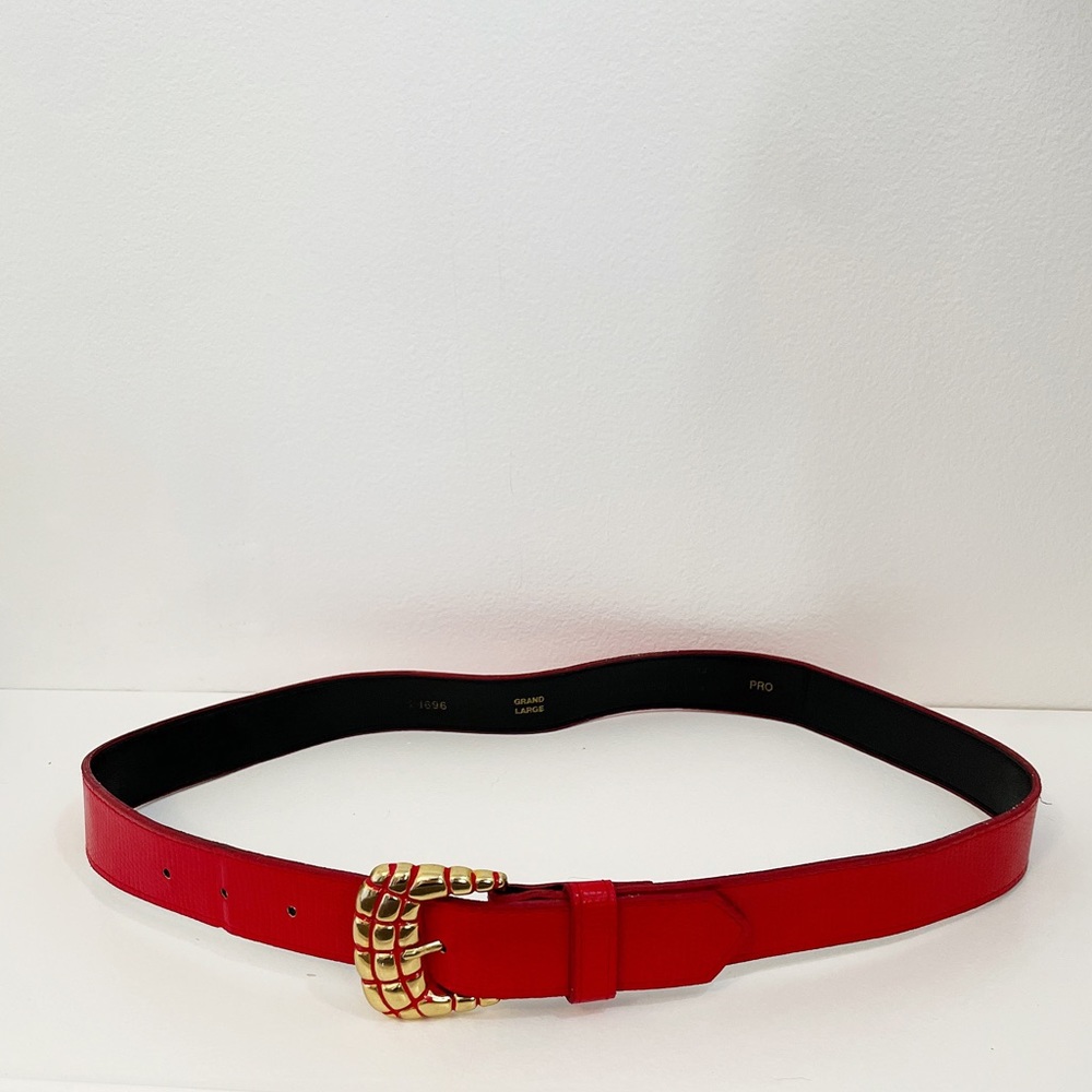 Red leather belt with gold statement buckle